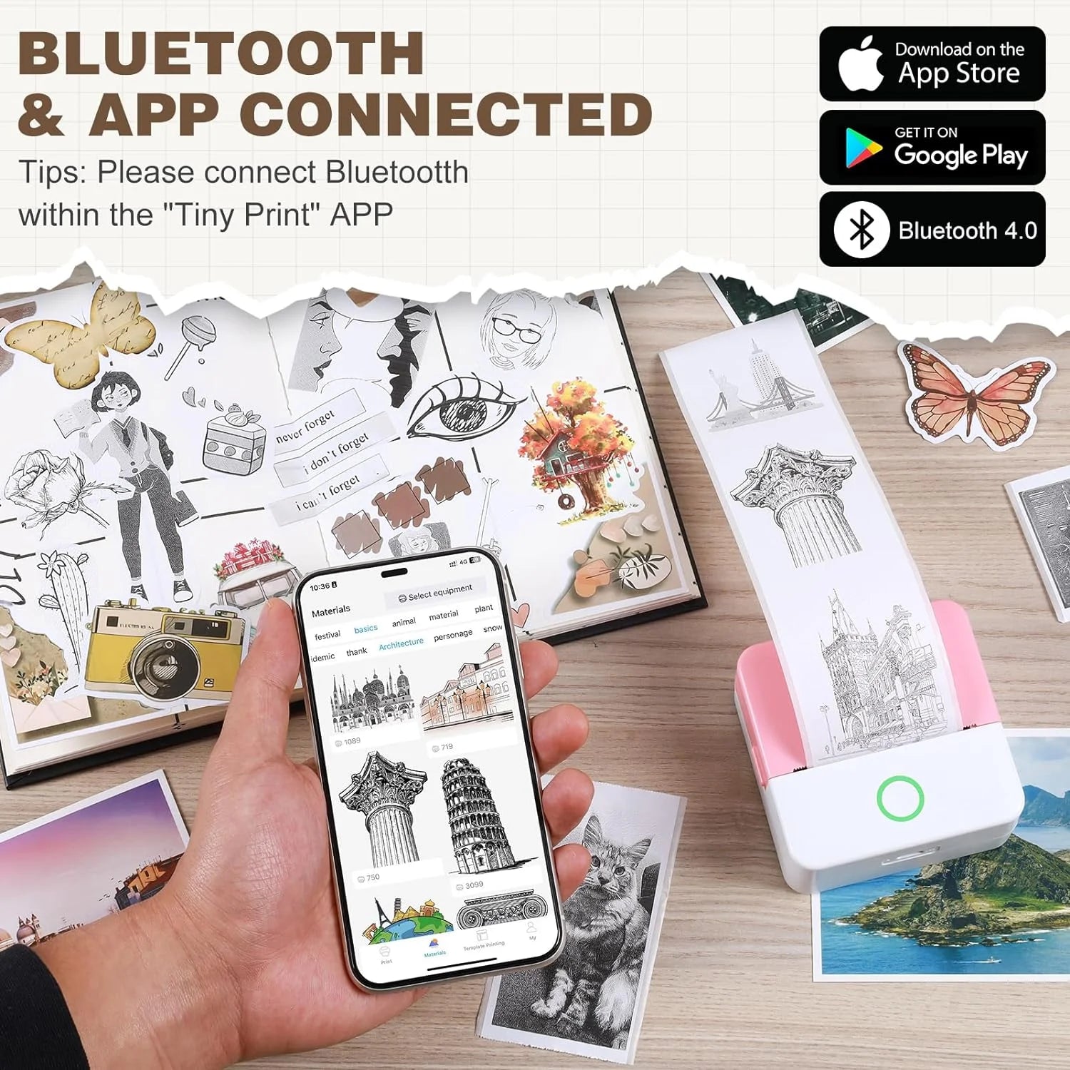 SLOK Thermal Mini Printer, Portable Inkless Bluetooth Sticker Maker with 10 Rolls Paper, Pink